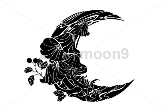 Crescent with Silhouette Mushrooms for Brand Graphics