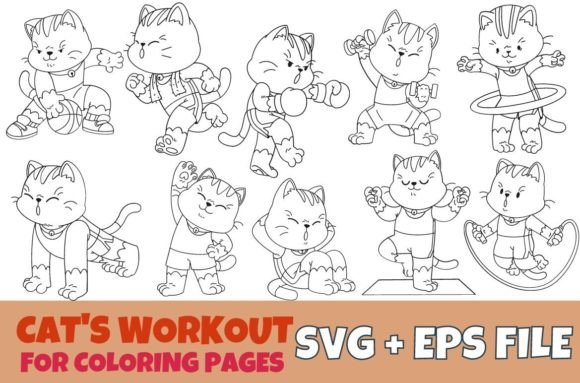 Cute Cat Exercise SVG Graphics for Content & Coloring Pages