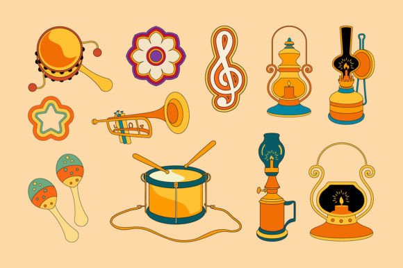 Vintage Pop Graphics: Instruments and Lamp Illustrations